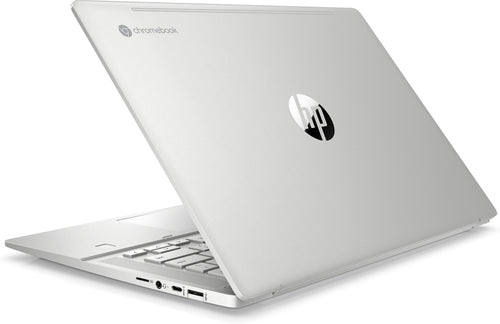 Silver HP laptop on a white background