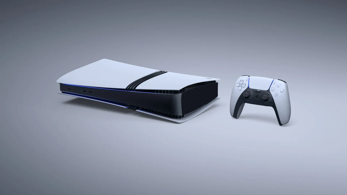 Gaming console and controller on a gray background