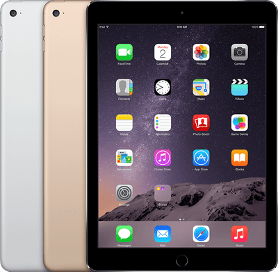 Three iPads in different colors with app icons displayed on a screen.