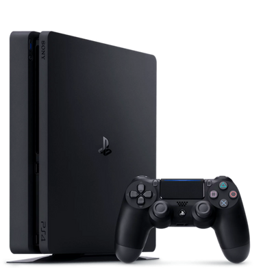 Black gaming console and controller on a white background