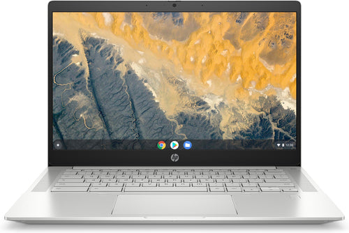 HP Chromebook with a scenic wallpaper on the screen