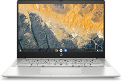 HP Chromebook with a scenic wallpaper on the screen
