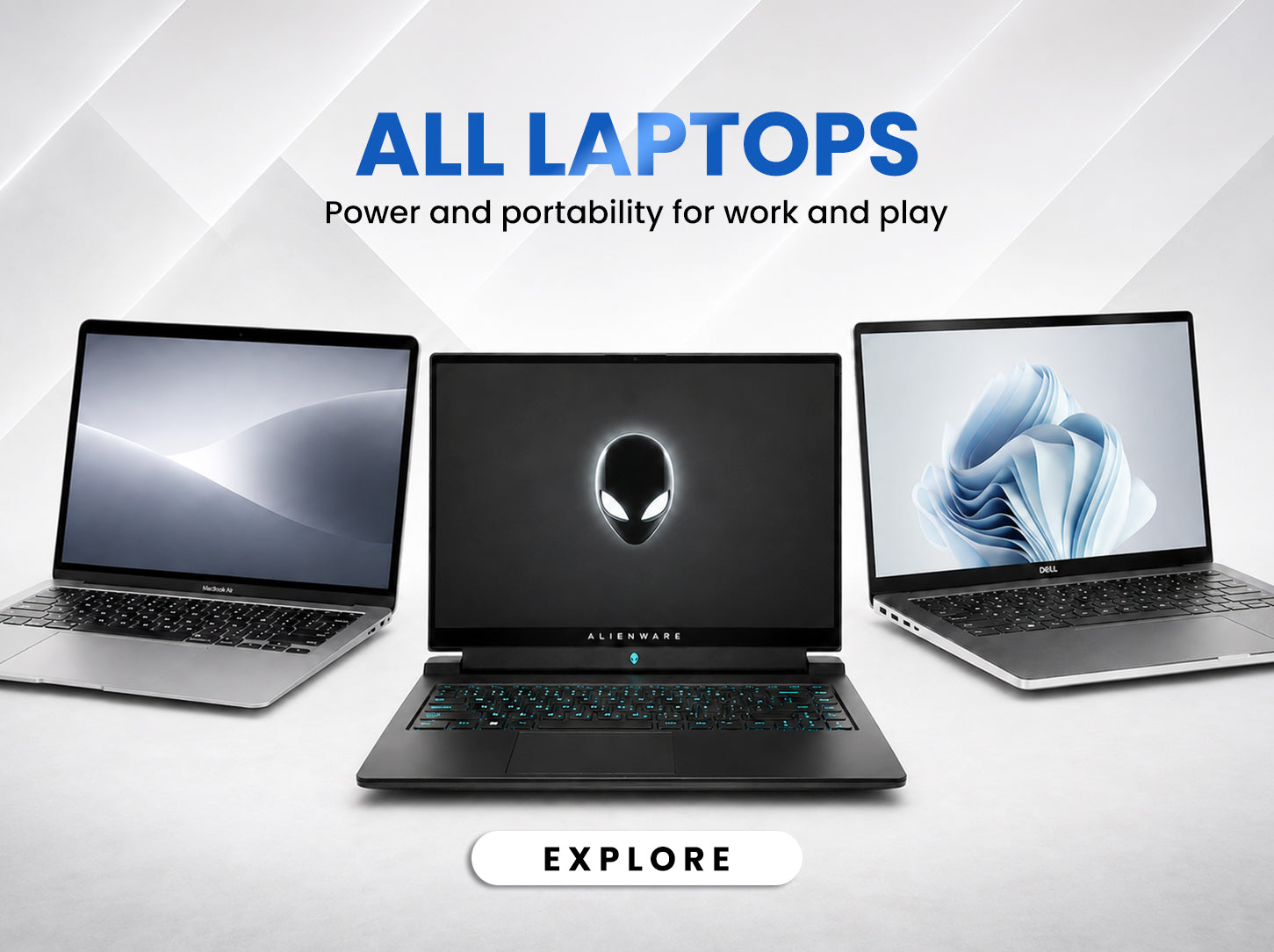 Three laptops are displayed against a light gray geometric background with promotional text reading 'ALL LAPTOPS' and an 'EXPLORE' button. The center laptop is black Alienware with a glowing Alien head logo on the screen bezel, flanked by two silver and black laptops.