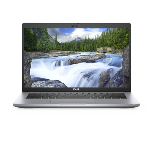 Laptop displaying a scenic wallpaper of a waterfall on a white background