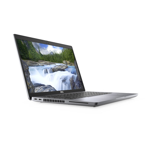 Laptop displaying a scenic waterfall on its screen with a white background