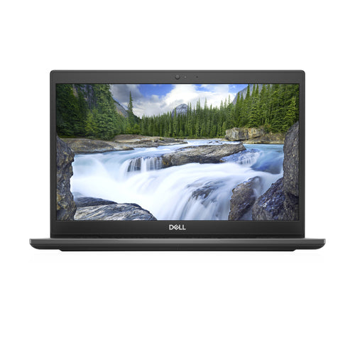 Laptop displaying a scenic waterfall on its screen with a white background