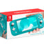 Turquoise Nintendo Switch Lite console with red and white box on a white background