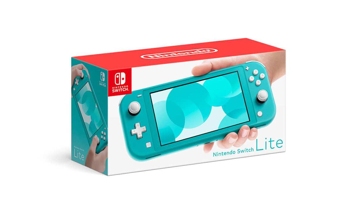 Turquoise Nintendo Switch Lite console with red and white box on a white background