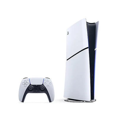 White gaming console and controller on a white background