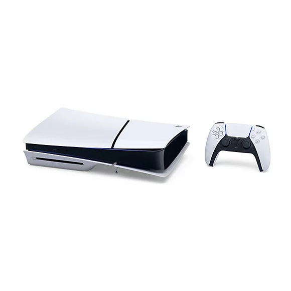 White gaming console and controller on a white background
