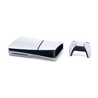 White gaming console and controller on a white background