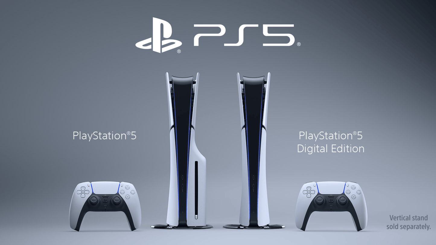 PlayStation 5 console and digital edition with vertical stand on a gray background