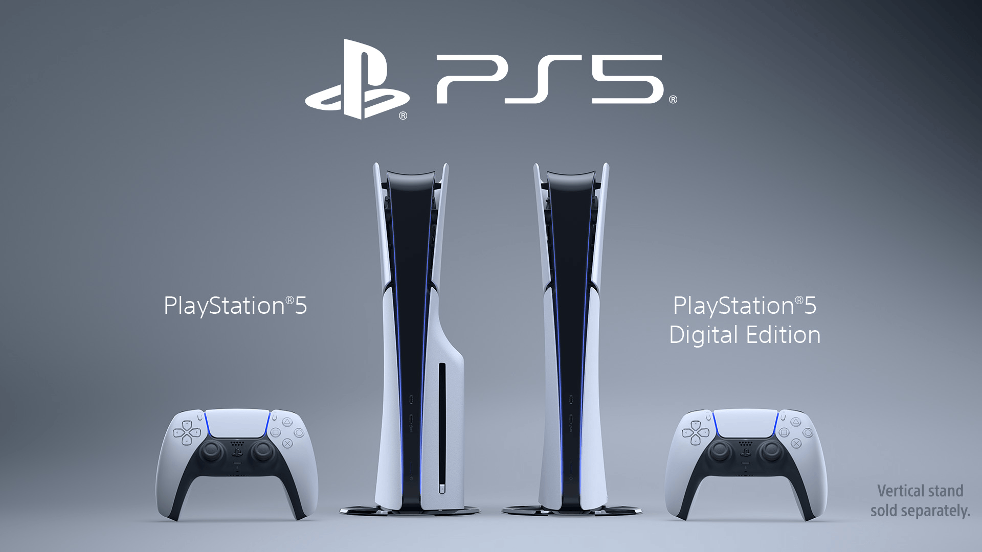 PlayStation 5 console and digital edition with vertical stand on a gray background