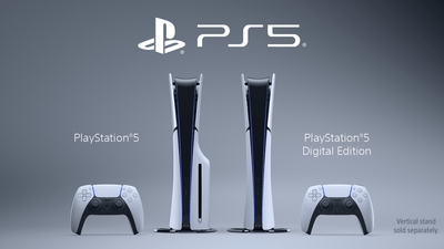 PlayStation 5 console and digital edition with vertical stand on a gray background
