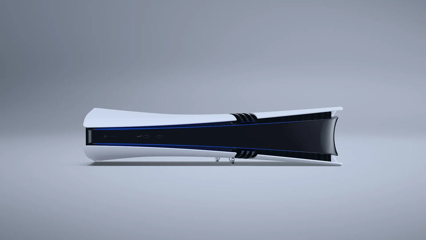 Glossy white gaming console with black accents on a gray background