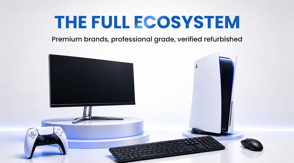 A refurbished gaming setup featuring a white PlayStation 5 console, a black and white PlayStation controller, a black keyboard, and a black mouse, displayed on white pedestals with a monitor in the background. Blue text at the top reads 'THE FULL ECOSYSTEM' with smaller text below.