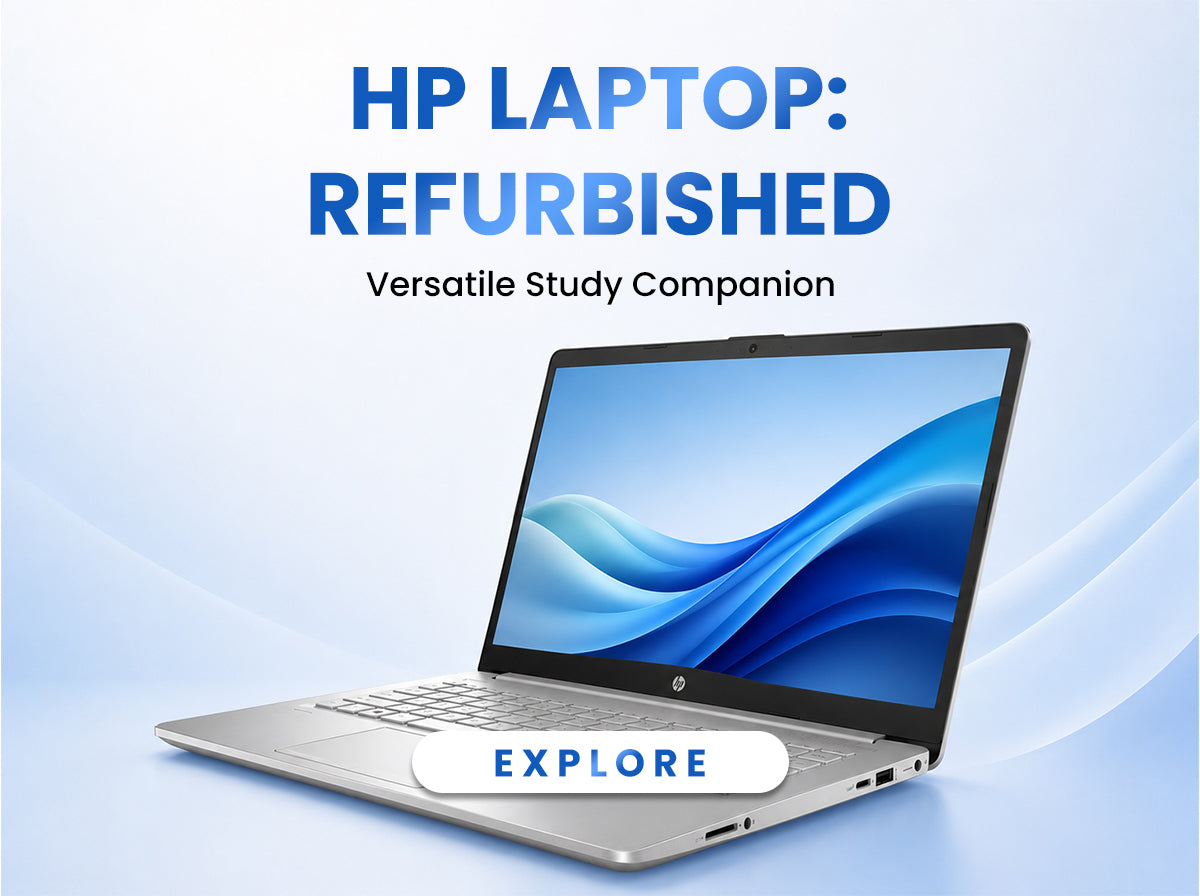 HP laptop refurbished for sale, shown open on a light blue background with promotional text reading 'HP LAPTOP: REFURBISHED' and an 'EXPLORE' button overlay.