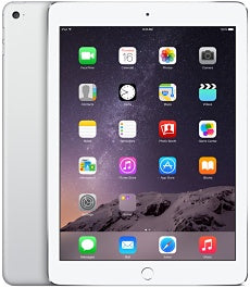 Silver iPad with app icons on the screen
