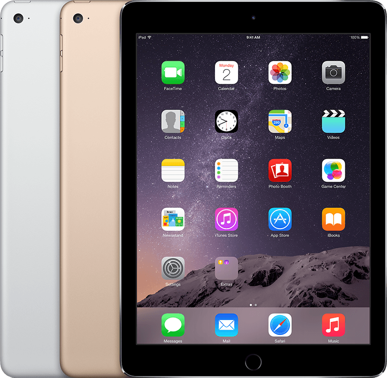 Three iPads in different colors with app icons displayed on a screen.