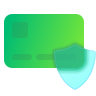 Green payment card with shield graphics on a white background