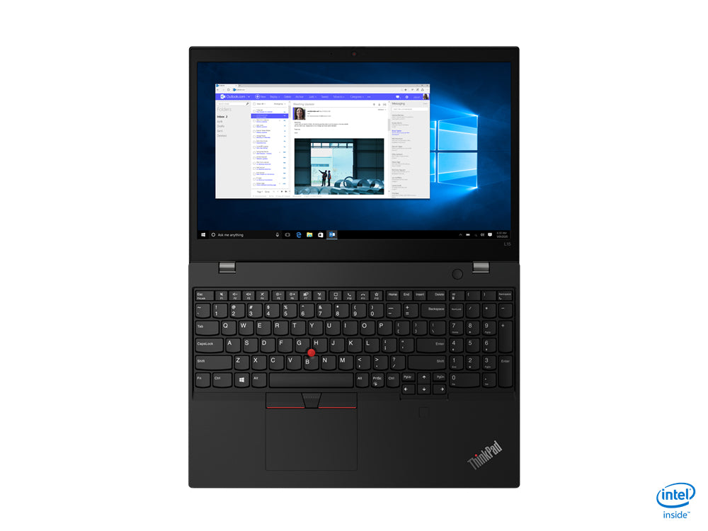 Black ThinkPad laptop with Intel logo on a white background