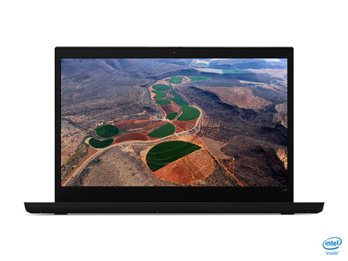 Laptop displaying an aerial view of a landscape with fields and roads on the screen.