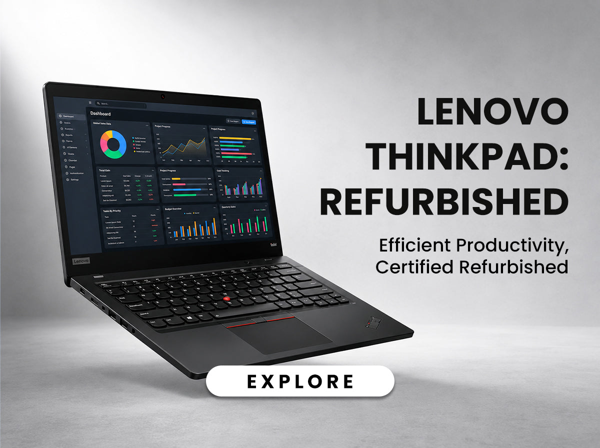 A Lenovo Thinkpad laptop shown open and angled on a light gray studio background, with large text reading 'LENVO THINKPAD: REFURBISHED' and a white 'EXPLORE' button below. The laptop is black with a small red accent on the trackpad area.