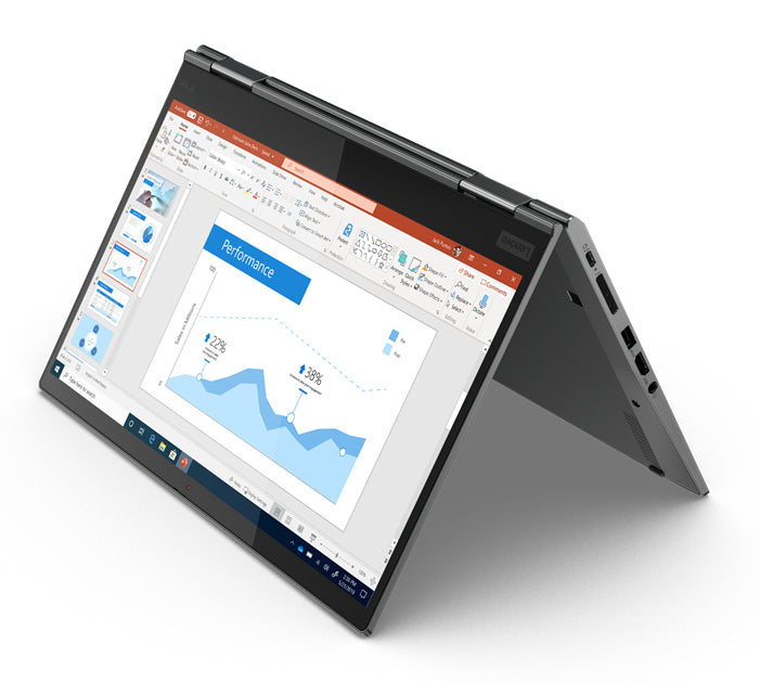 Two-way convertible laptop with open screen displaying software interface on white background