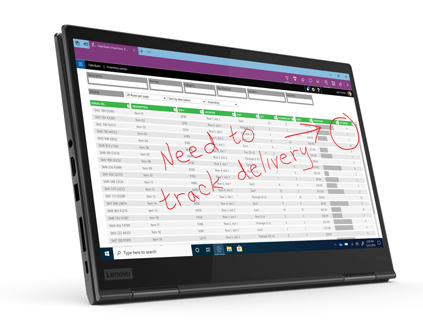 Lenovo tablet displaying a spreadsheet with handwritten notes on a white background