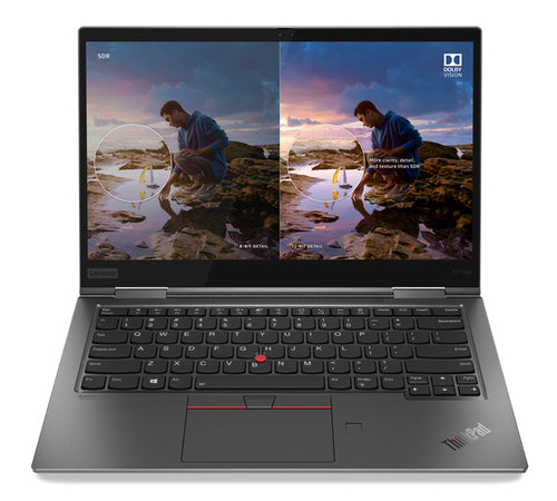Laptop displaying a split-screen view of a person on a beach with a scenic background.