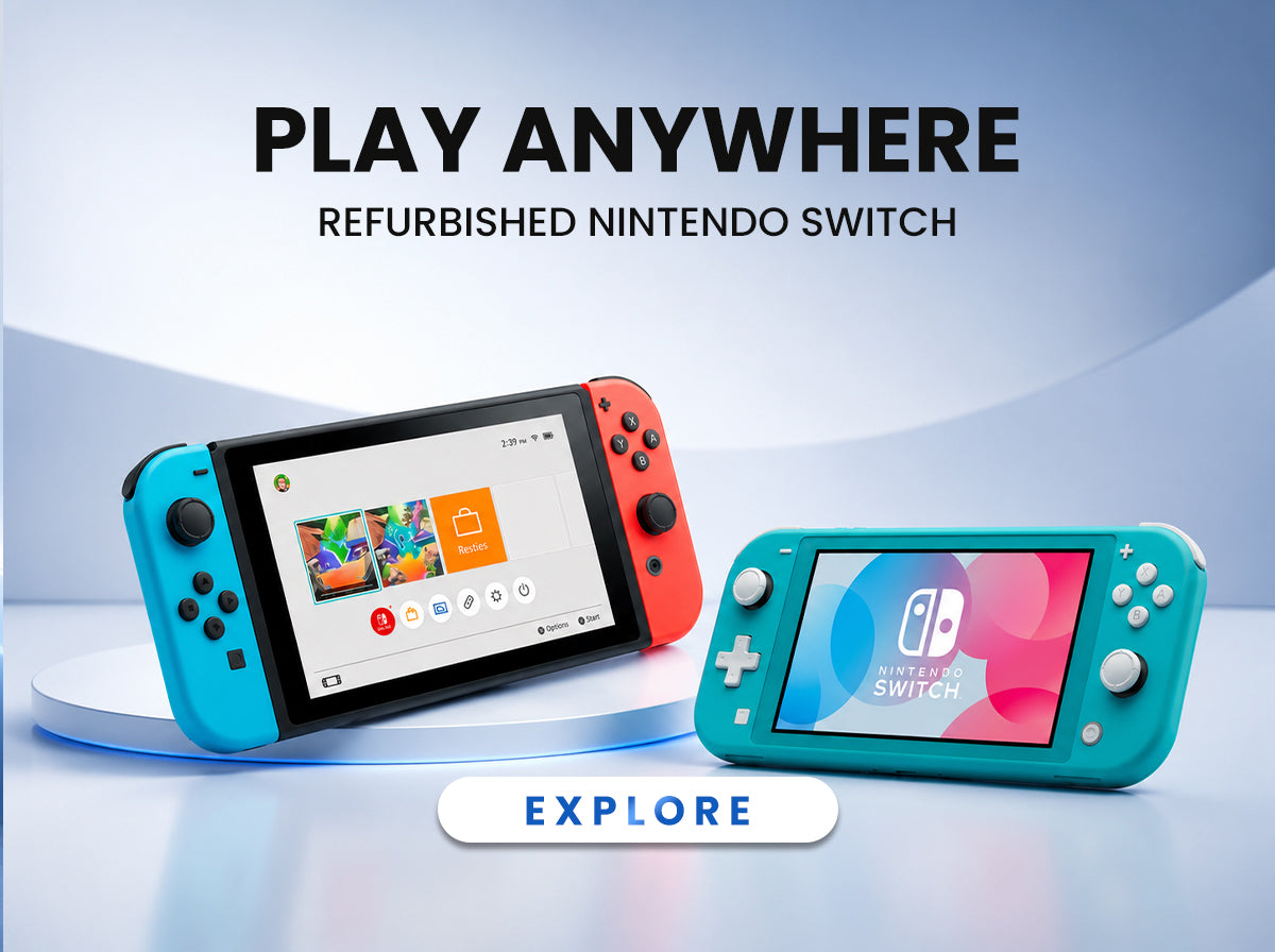 Two Nintendo Switch handheld gaming consoles are shown on a clean light blue studio background with promotional text reading 'PLAY ANYWHERE REFURBISHED NINTENDO SWITCH' and an 'EXPLORE' button.