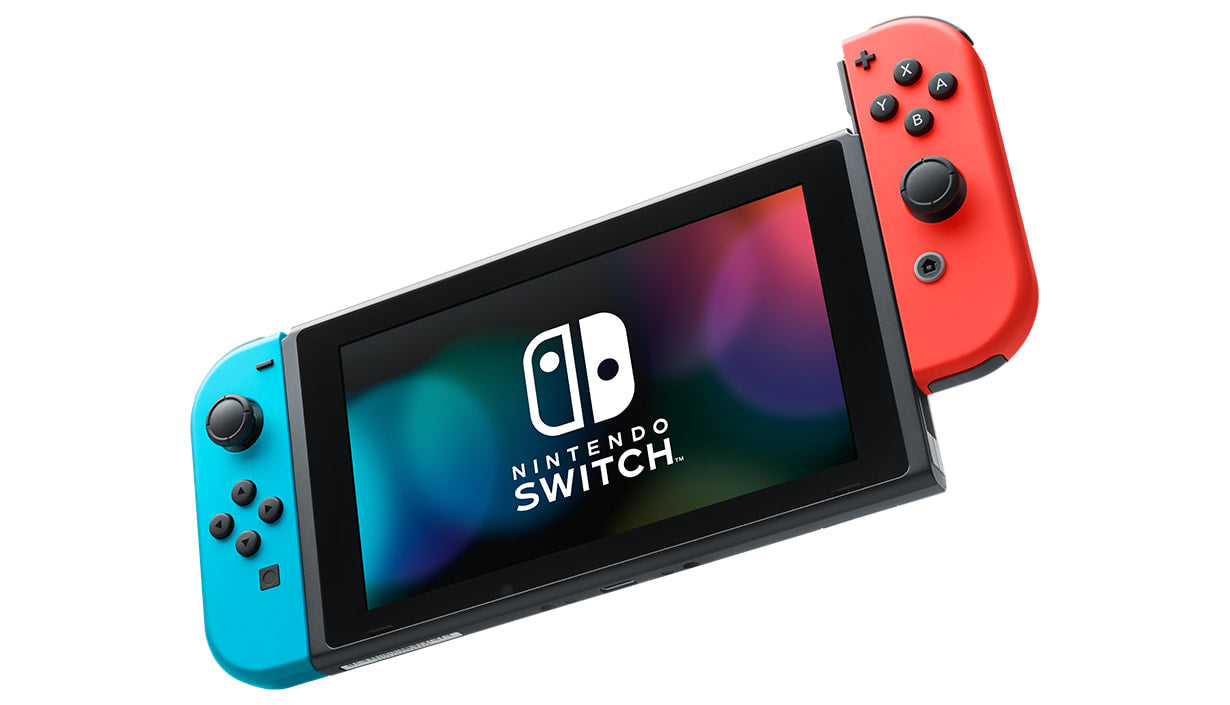 Nintendo Switch console with blueJoy-Con and redJoy-Con on a white background