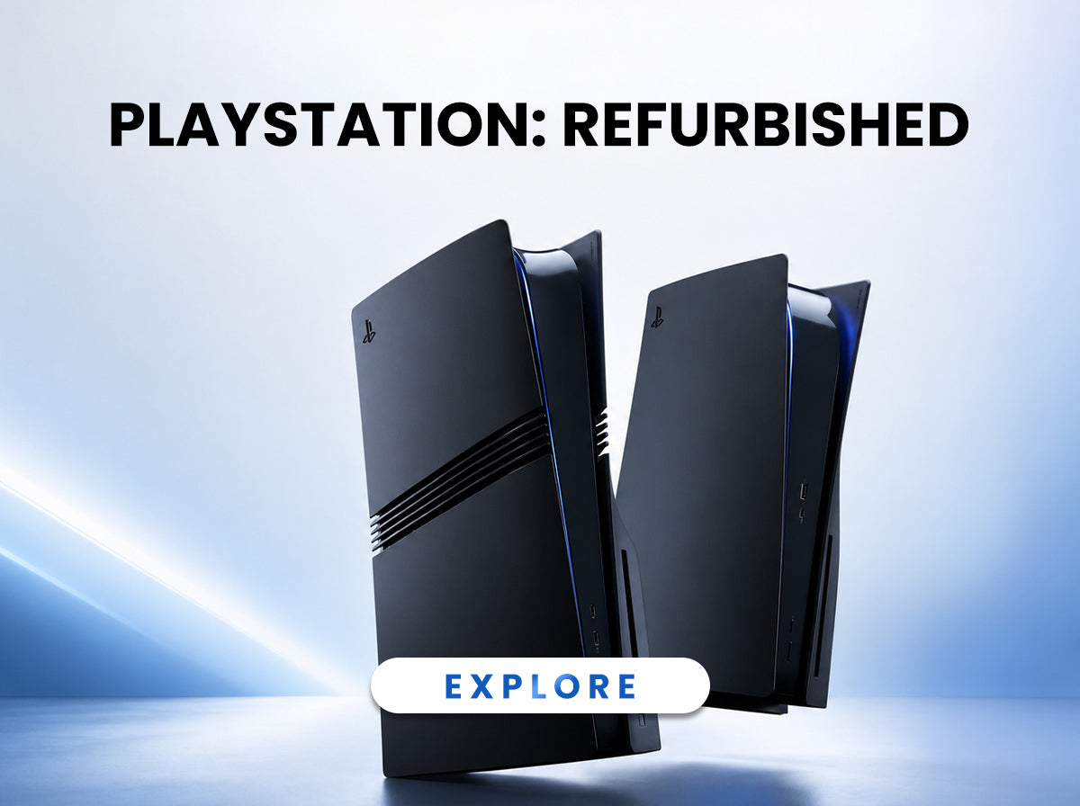 Two PlayStation consoles shown standing upright on a blue gradient background, with the text 'PLAYSTATION: REFURBISHED' at the top and an 'EXPLORE' button overlay at the bottom.
