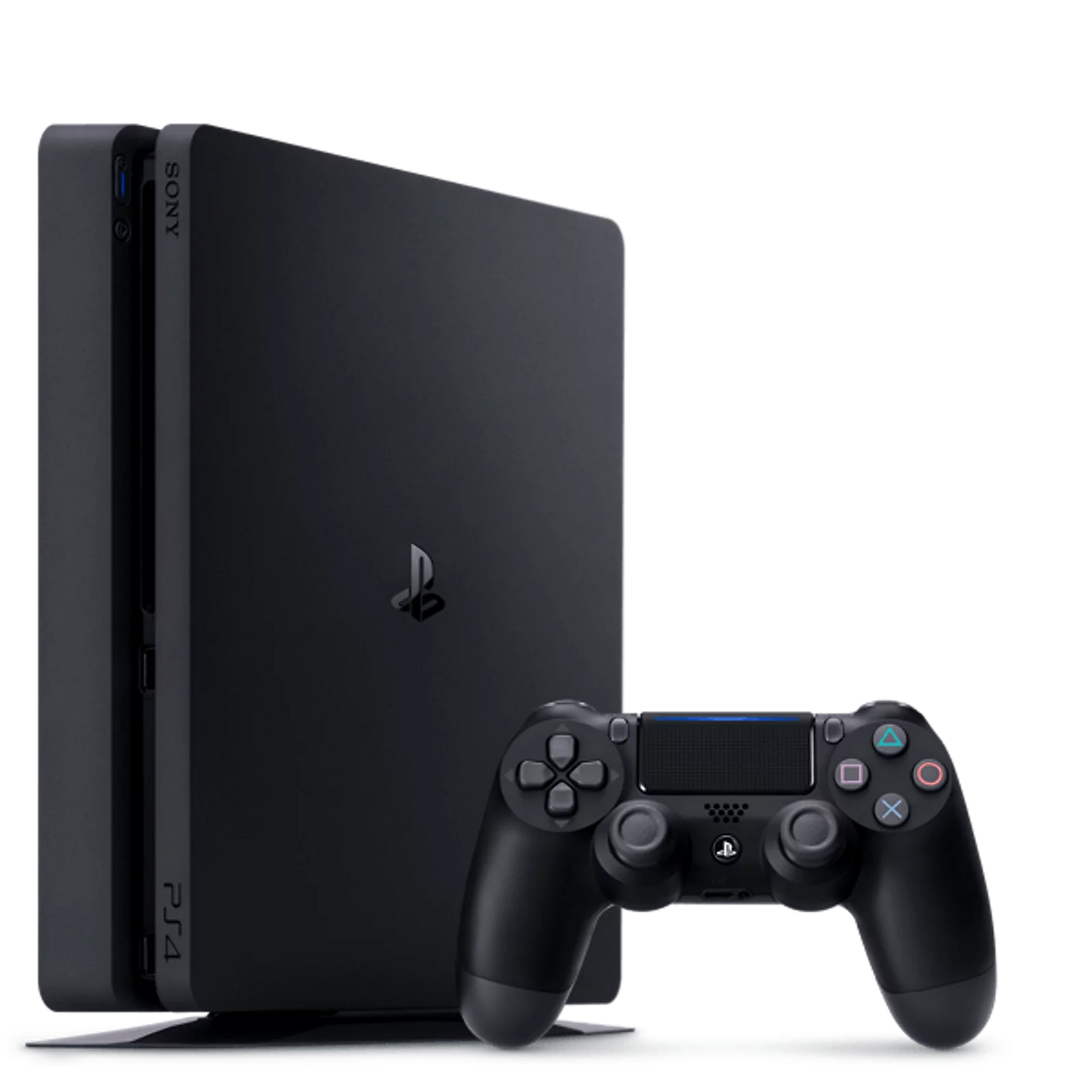 Black gaming console and controller on a white background