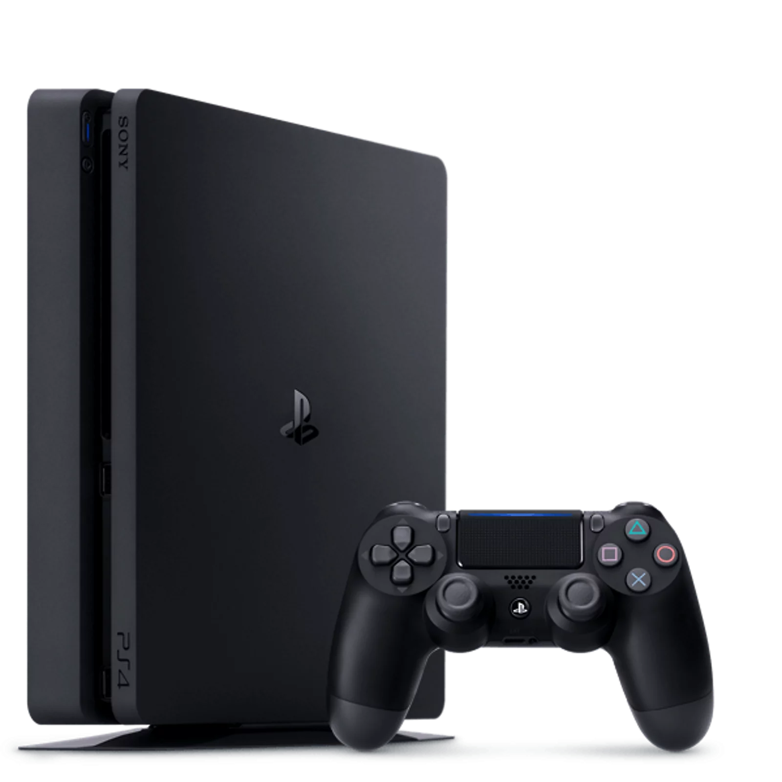 Black gaming console and controller on a white background