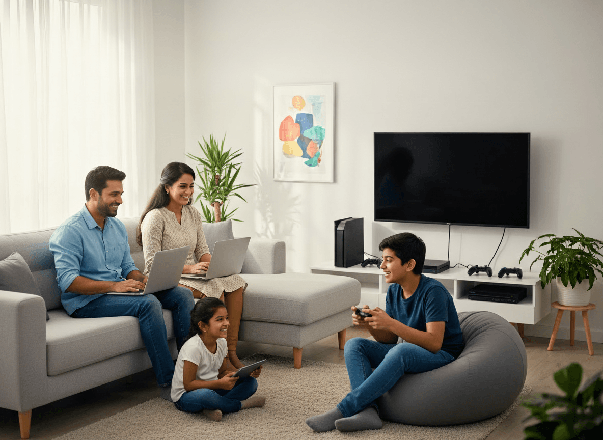 A family of four is gathered in a modern living room, with two adults sitting on a light gray sofa using laptops, a child sitting on the floor holding a tablet, and another person sitting in a large gray beanbag chair holding a game controller. A large flat-screen TV is mounted on the wall above a white media console with game controllers.