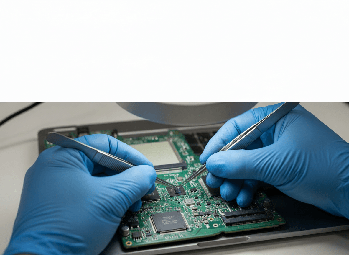 Close-up of a person wearing blue nitrile gloves using metal tweezers to work on a green electronic circuit board inside an open laptop, below light