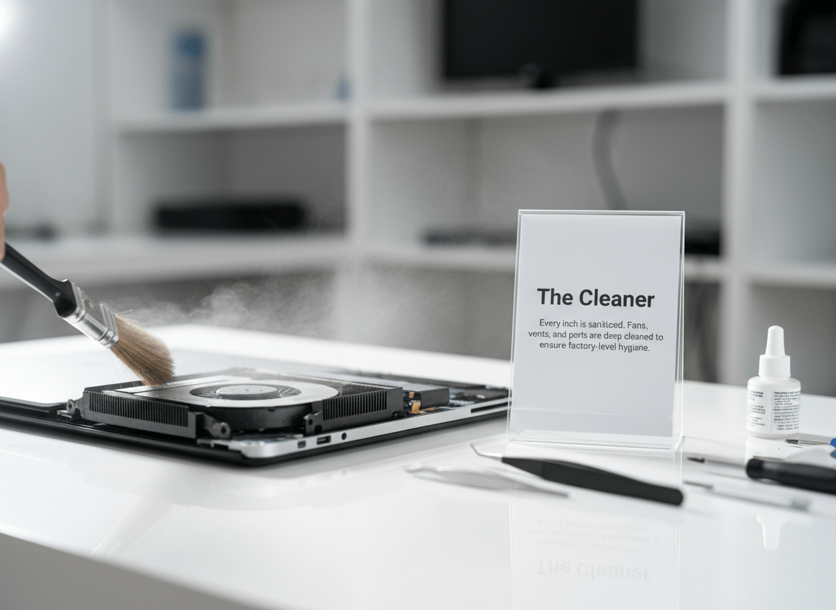 Laptop being cleaned with a brush on a desk with cleaning supplies and a sign labeled 'The Cleaner'.