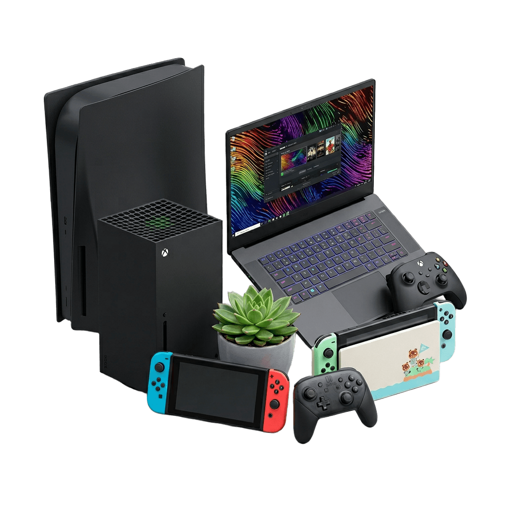 Gaming console, laptop, portable console, and controllers on a white background